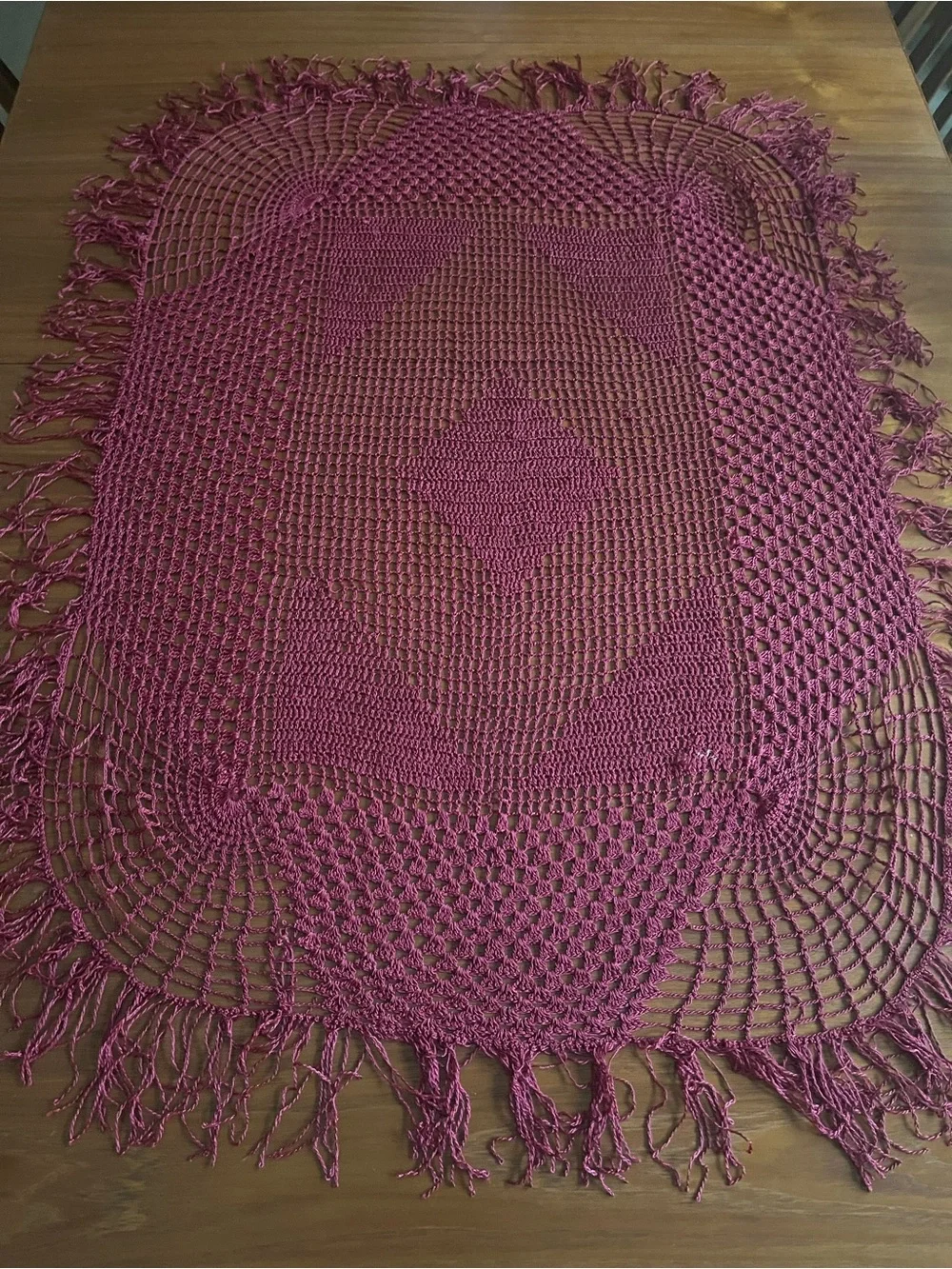 Antique Hand Crochet Burgundy Fringe Tablecloth